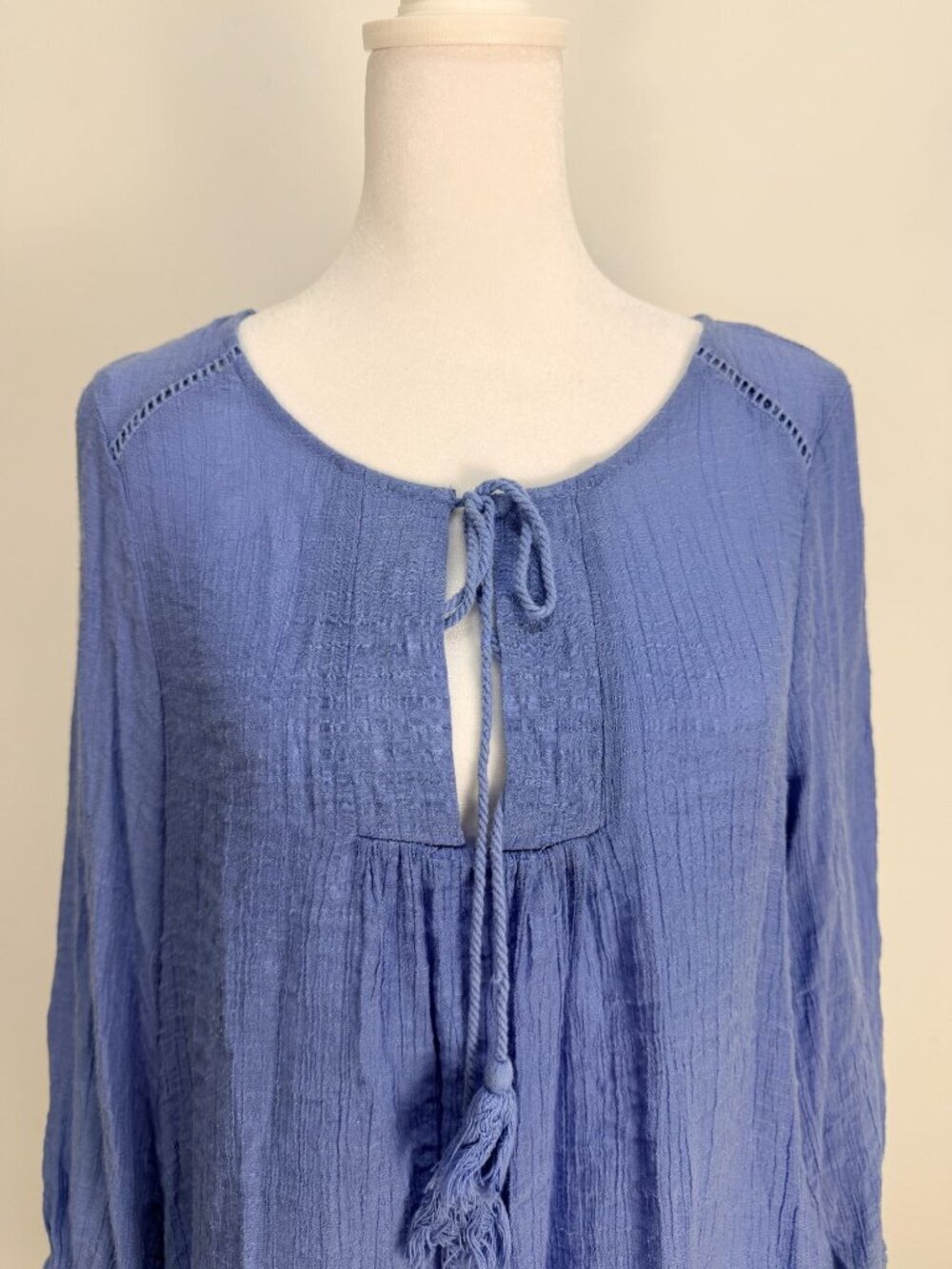 Bobeau Womens Blue Gauze Boho Tunic Top Medium Tassel Tie 3/4 Sleeve - Picture 11 of 13
